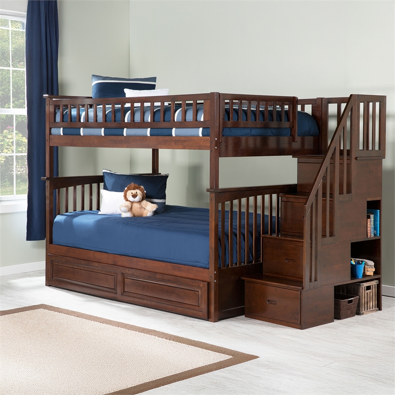 AFI Columbia Full Over Full Solid Wood Staircase Storage Bunk Bed in Walnut