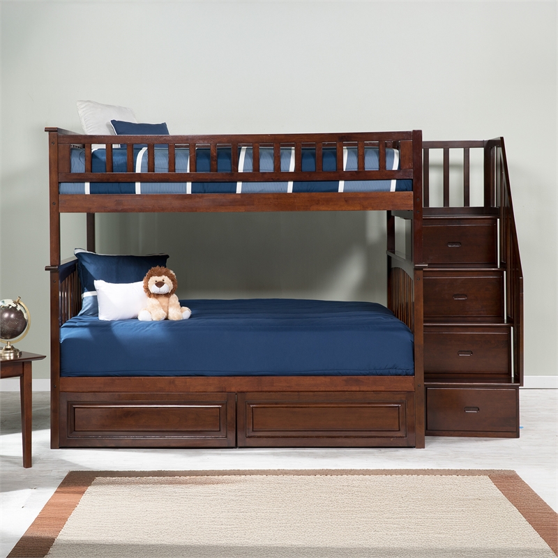 AFI Columbia Full Over Full Solid Wood Staircase Storage Bunk Bed in Walnut