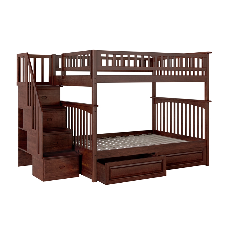 AFI Columbia Full Over Full Solid Wood Staircase Storage Bunk Bed in Walnut