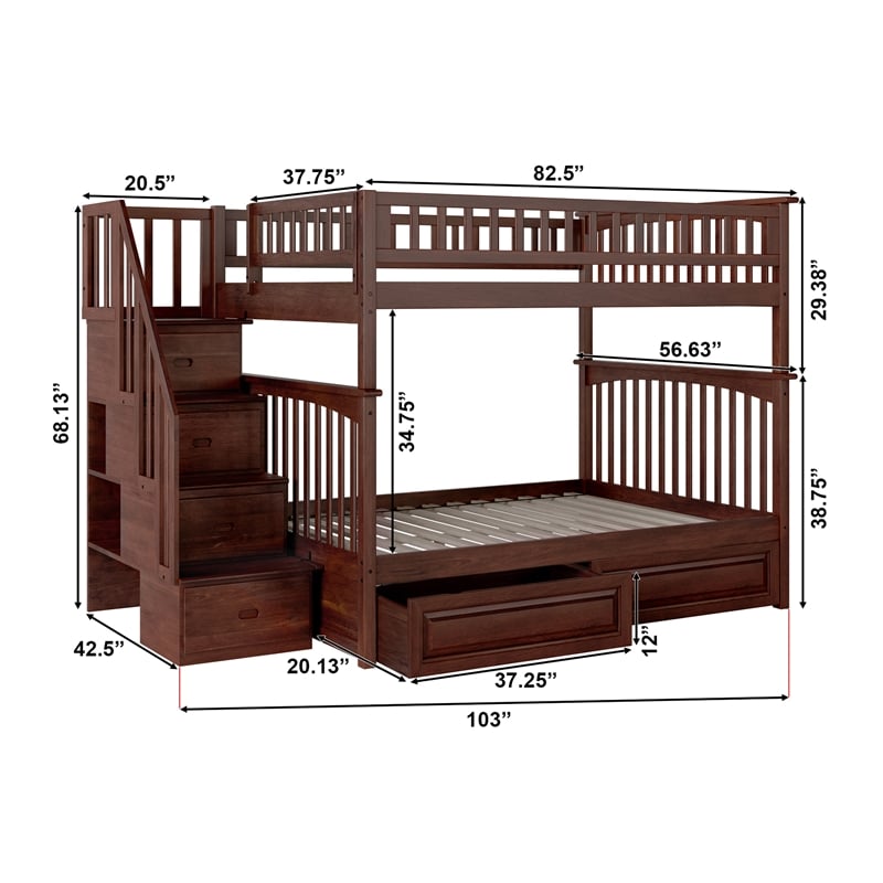 AFI Columbia Full Over Full Solid Wood Staircase Storage Bunk Bed in Walnut