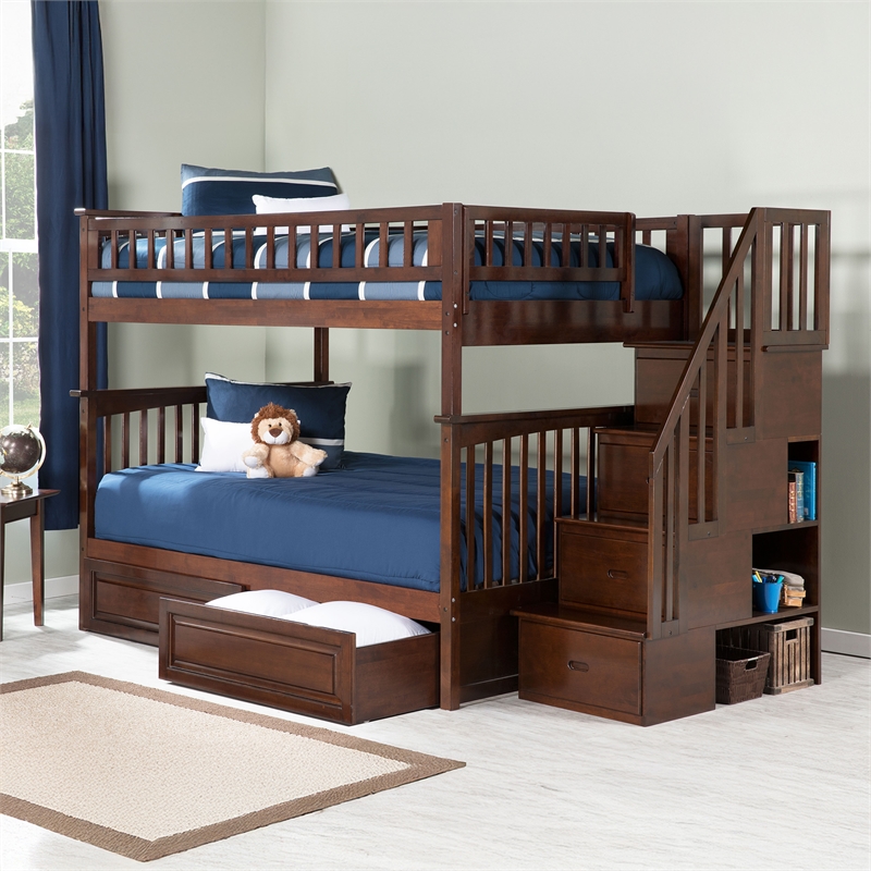 AFI Columbia Full Over Full Solid Wood Staircase Storage Bunk Bed in Walnut