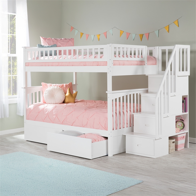 AFI Columbia Full Over Full Solid Wood Staircase Storage Bunk Bed in White