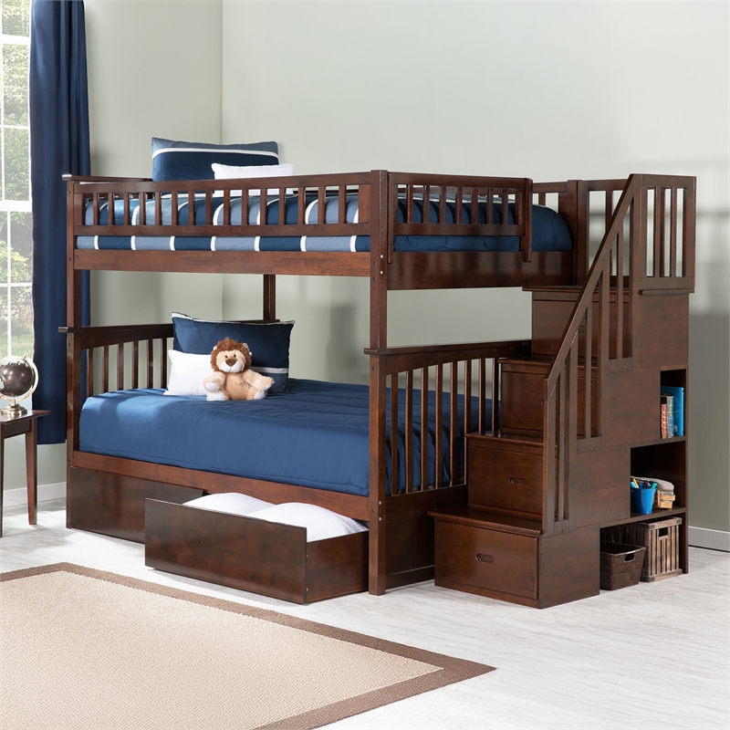 AFI Columbia Full Over Full Solid Wood Staircase Storage Bunk Bed in Walnut