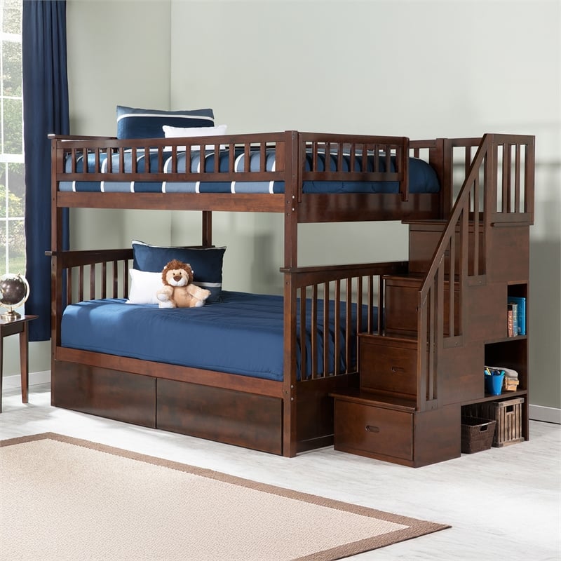 AFI Columbia Full Over Full Solid Wood Staircase Storage Bunk Bed in Walnut
