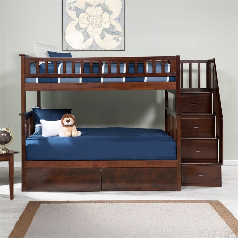 AFI Columbia Full Over Full Solid Wood Staircase Storage Bunk Bed in Walnut