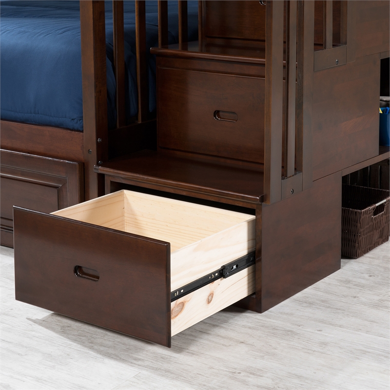AFI Columbia Full Over Full Solid Wood Staircase Storage Bunk Bed in Walnut