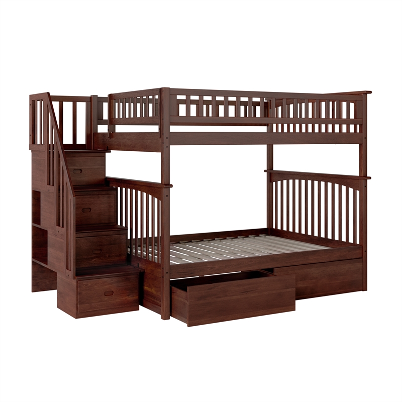 AFI Columbia Full Over Full Solid Wood Staircase Storage Bunk Bed in Walnut