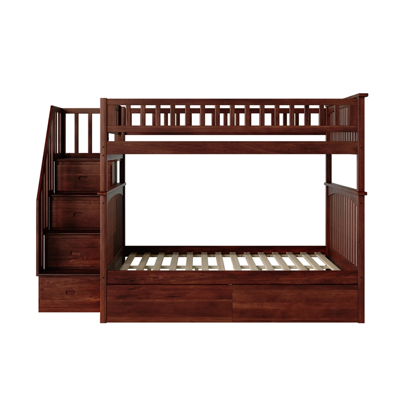 AFI Columbia Full Over Full Solid Wood Staircase Storage Bunk Bed in Walnut