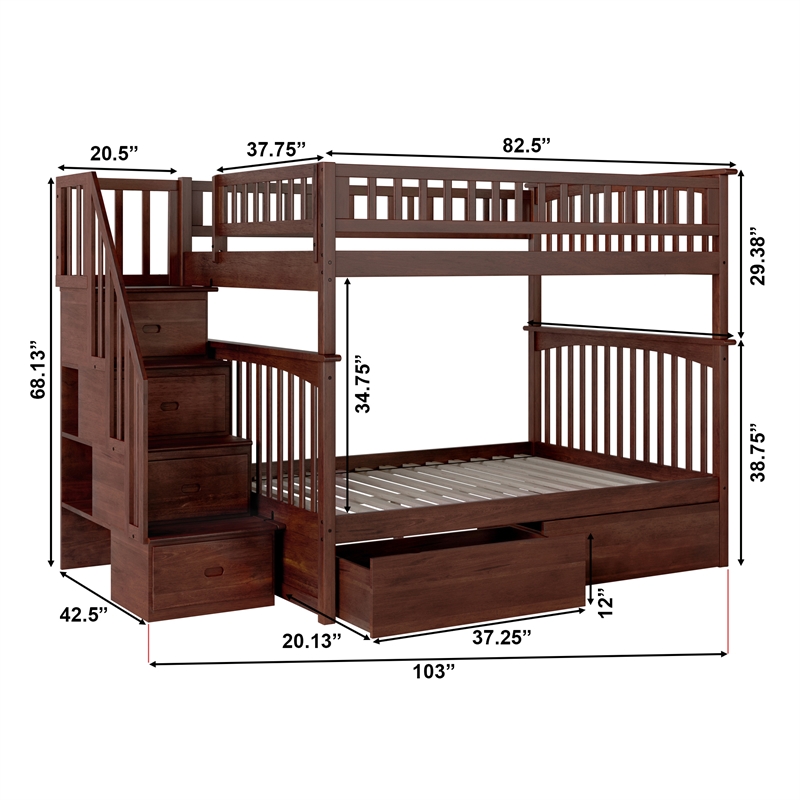 AFI Columbia Full Over Full Solid Wood Staircase Storage Bunk Bed in Walnut
