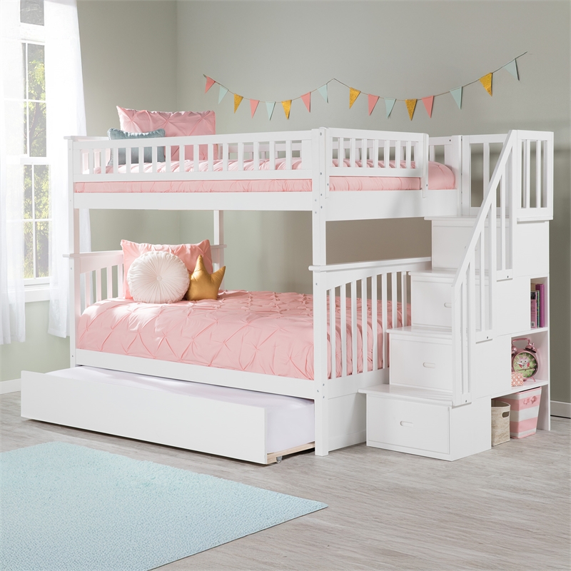 AFI Columbia Full Over Full Wood Staircase Trundle Bunk Bed in White