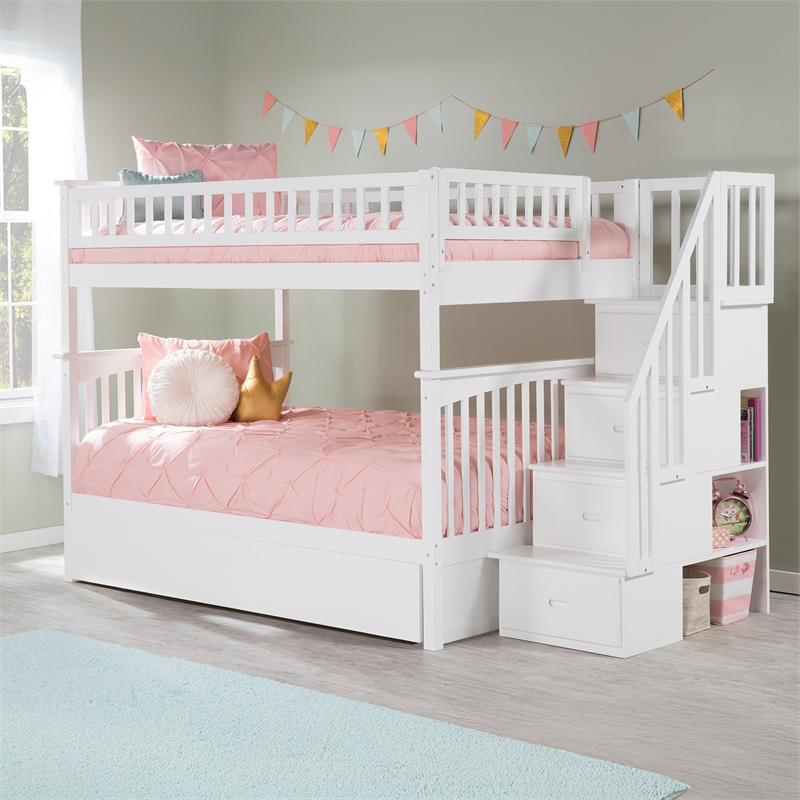 AFI Columbia Full Over Full Wood Staircase Trundle Bunk Bed in White