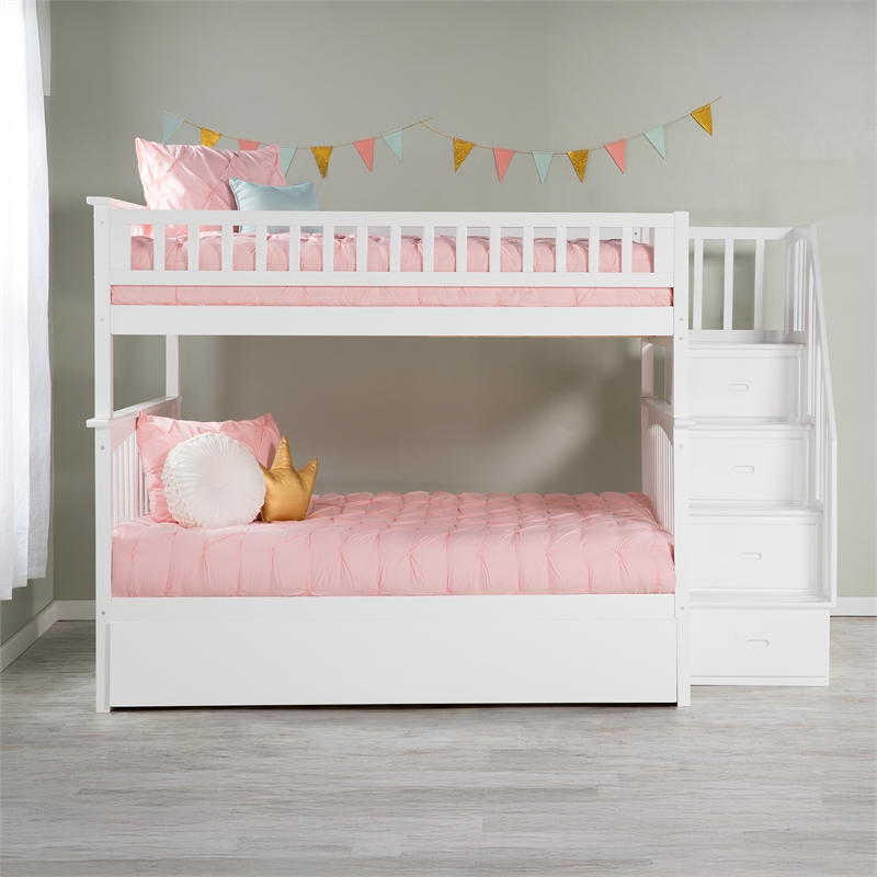 AFI Columbia Full Over Full Wood Staircase Trundle Bunk Bed in White