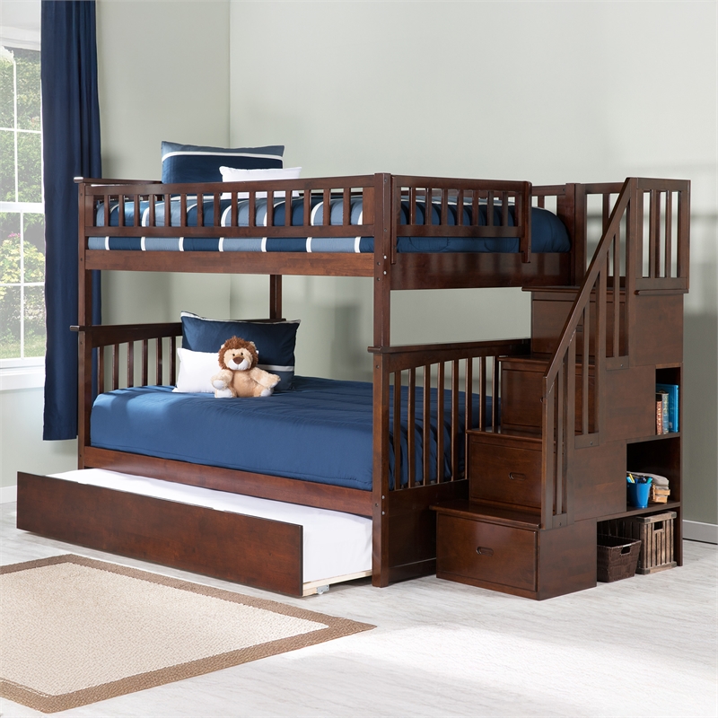 AFI Columbia Full Over Full Wood Staircase Trundle Bunk Bed in Walnut
