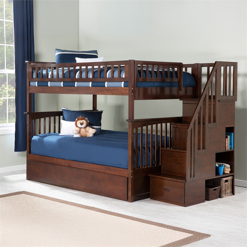 AFI Columbia Full Over Full Wood Staircase Trundle Bunk Bed in Walnut