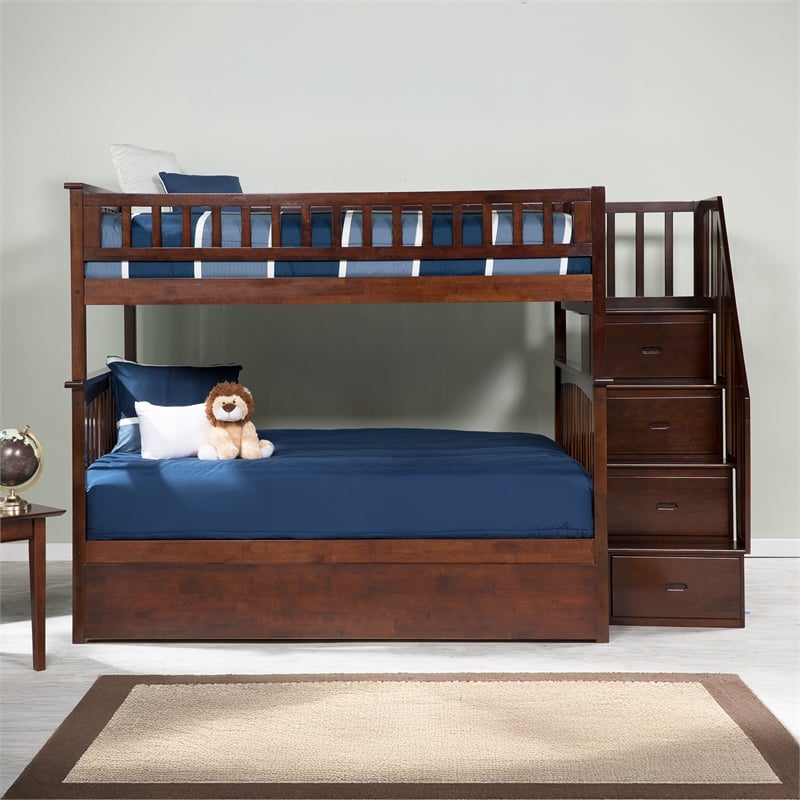 AFI Columbia Full Over Full Wood Staircase Trundle Bunk Bed in Walnut