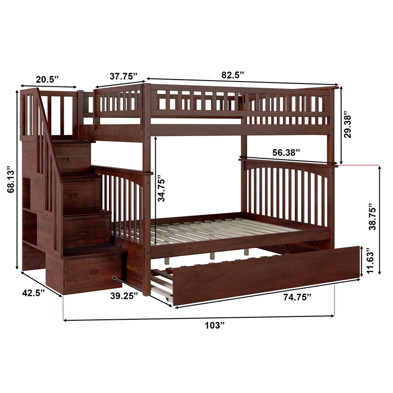 AFI Columbia Full Over Full Wood Staircase Trundle Bunk Bed in Walnut