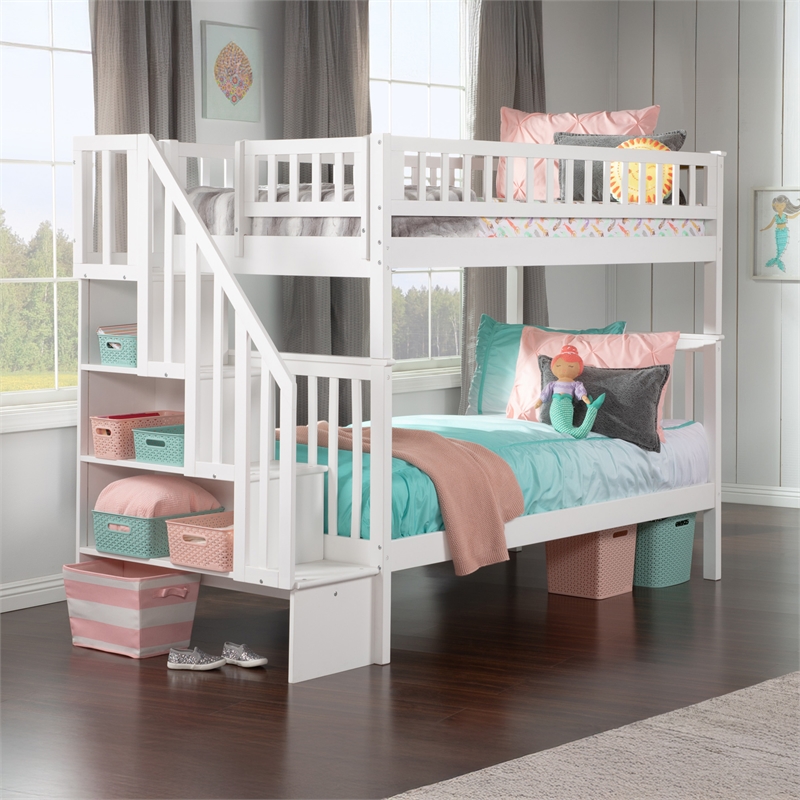 AFI Woodland Twin Over Twin Solid Wood Staircase Bunk Bed in White