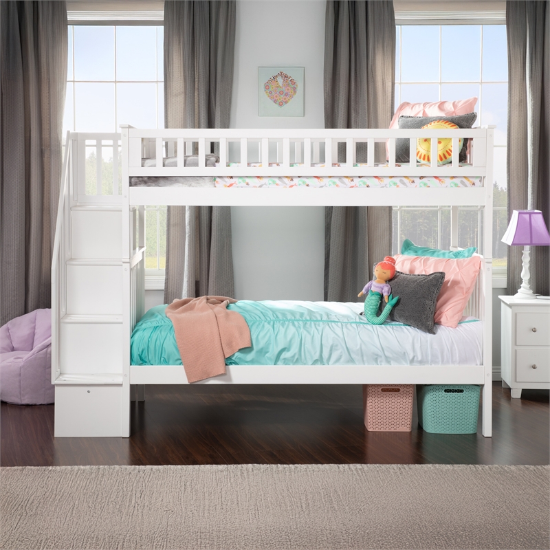 AFI Woodland Twin Over Twin Solid Wood Staircase Bunk Bed in White