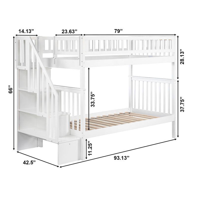 AFI Woodland Twin Over Twin Solid Wood Staircase Bunk Bed in White