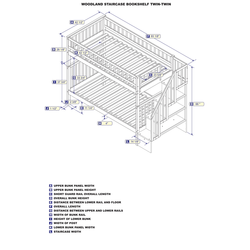 AFI Woodland Twin Over Twin Solid Wood Staircase Bunk Bed in White