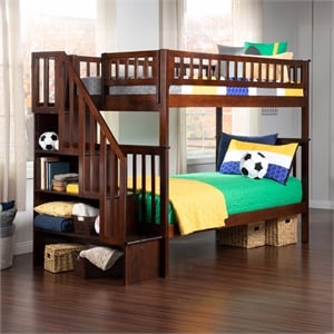 AFI Woodland Twin Over Twin Solid Wood Staircase Bunk Bed in Walnut