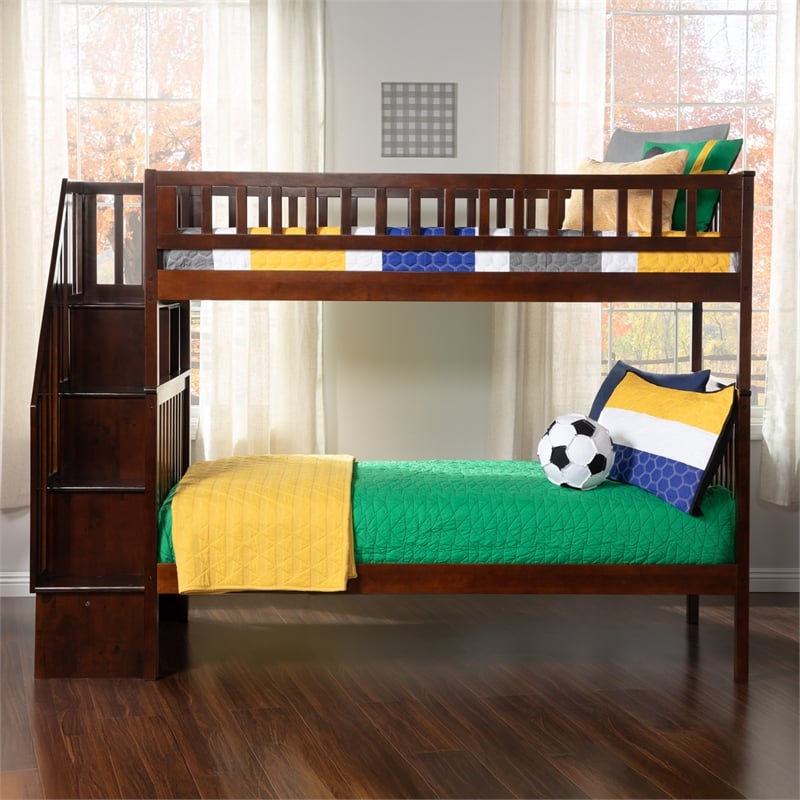 AFI Woodland Twin Over Twin Solid Wood Staircase Bunk Bed in Walnut