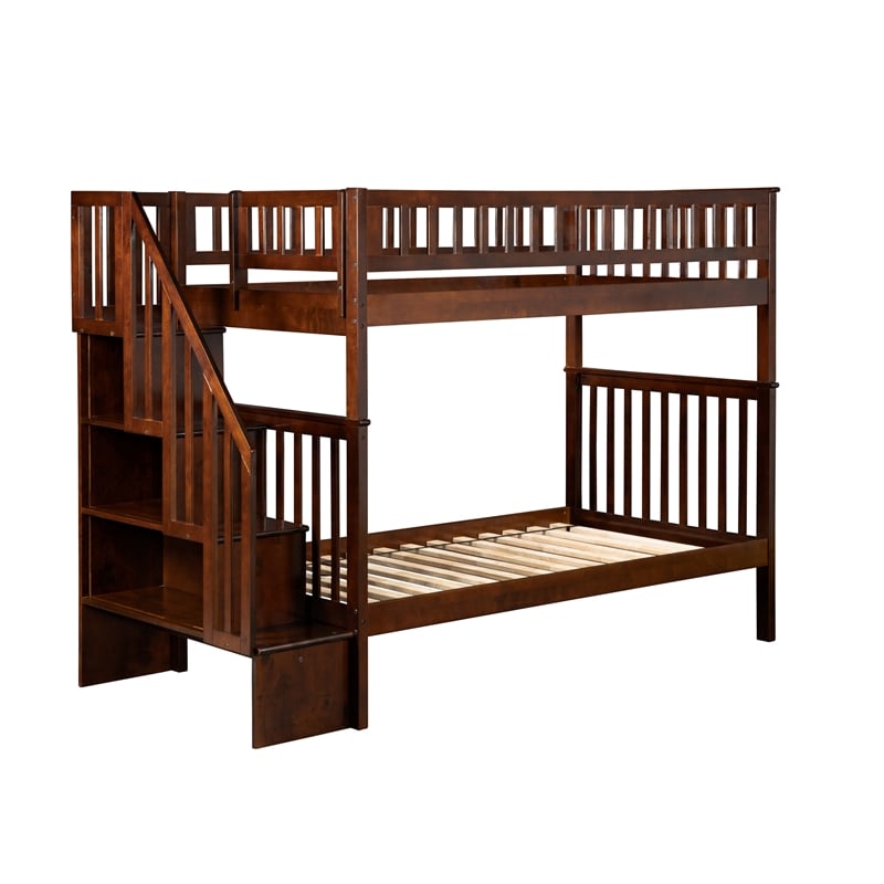 AFI Woodland Twin Over Twin Solid Wood Staircase Bunk Bed in Walnut