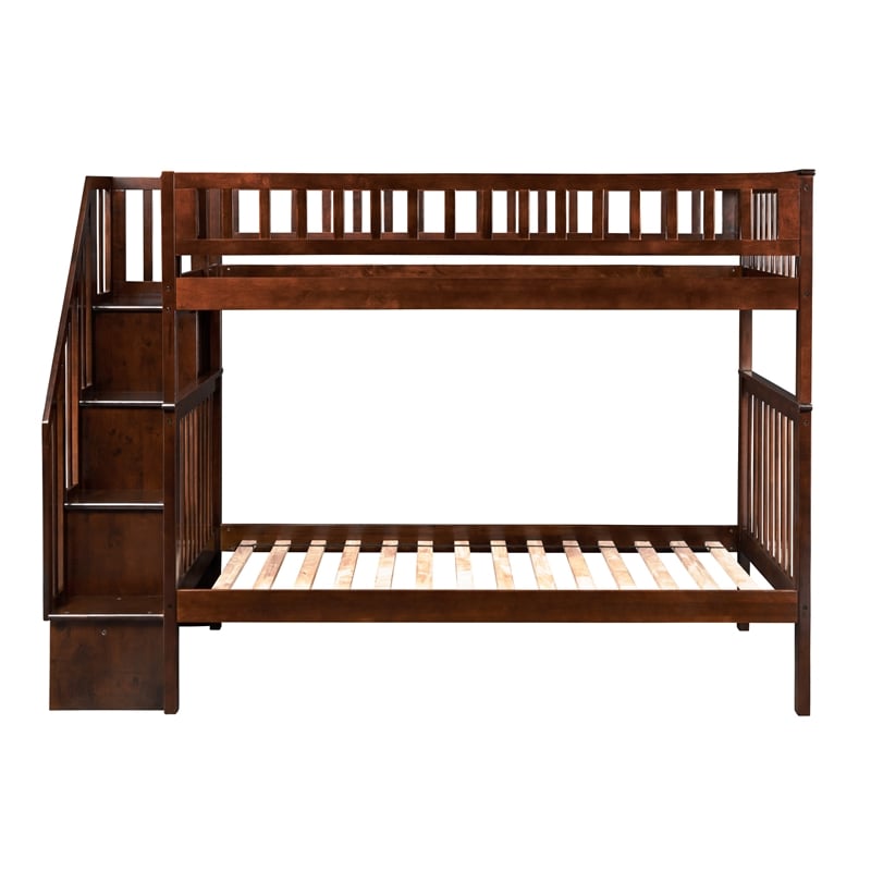 AFI Woodland Twin Over Twin Solid Wood Staircase Bunk Bed in Walnut