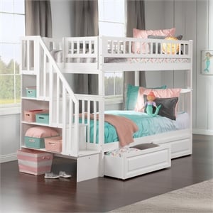 AFI Woodland Twin Over Twin Staircase Storage Wood Bunk Bed in White
