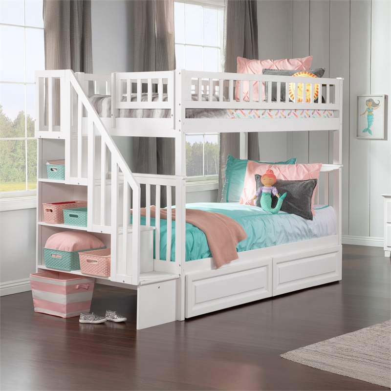 AFI Woodland Twin Over Twin Staircase Storage Wood Bunk Bed in White