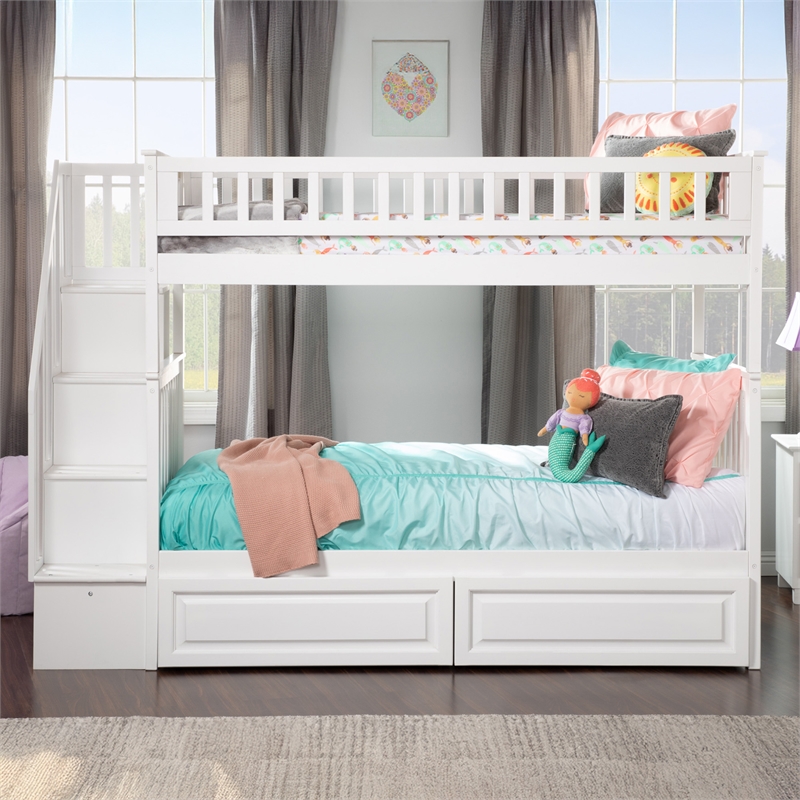 AFI Woodland Twin Over Twin Staircase Storage Wood Bunk Bed in White