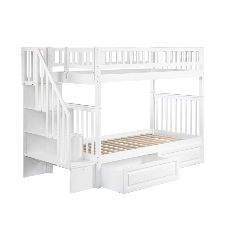 AFI Woodland Twin Over Twin Staircase Storage Wood Bunk Bed in White