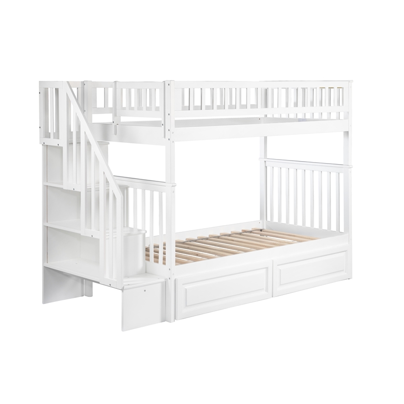 AFI Woodland Twin Over Twin Staircase Storage Wood Bunk Bed in White
