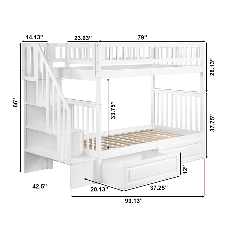 AFI Woodland Twin Over Twin Staircase Storage Wood Bunk Bed in White