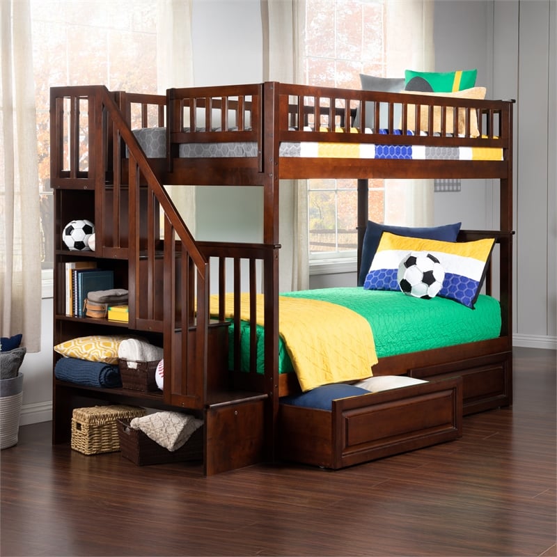 AFI Woodland Twin Over Twin Staircase Storage Wood Bunk Bed in Walnut