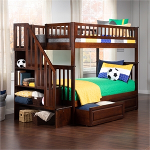 AFI Woodland Twin Over Twin Staircase Storage Wood Bunk Bed in Walnut
