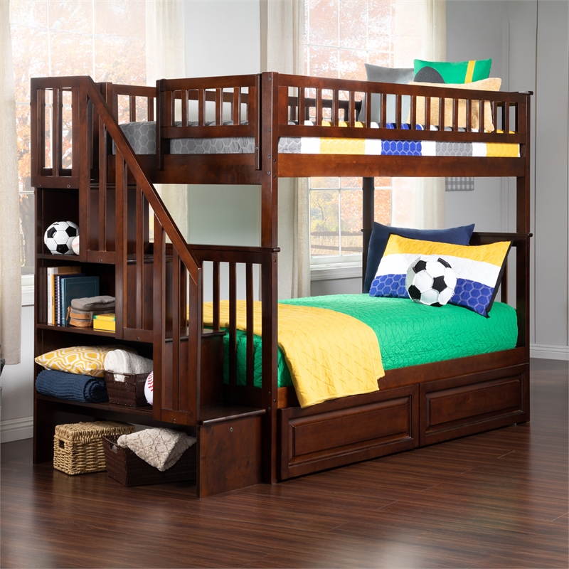 AFI Woodland Twin Over Twin Staircase Storage Wood Bunk Bed in Walnut