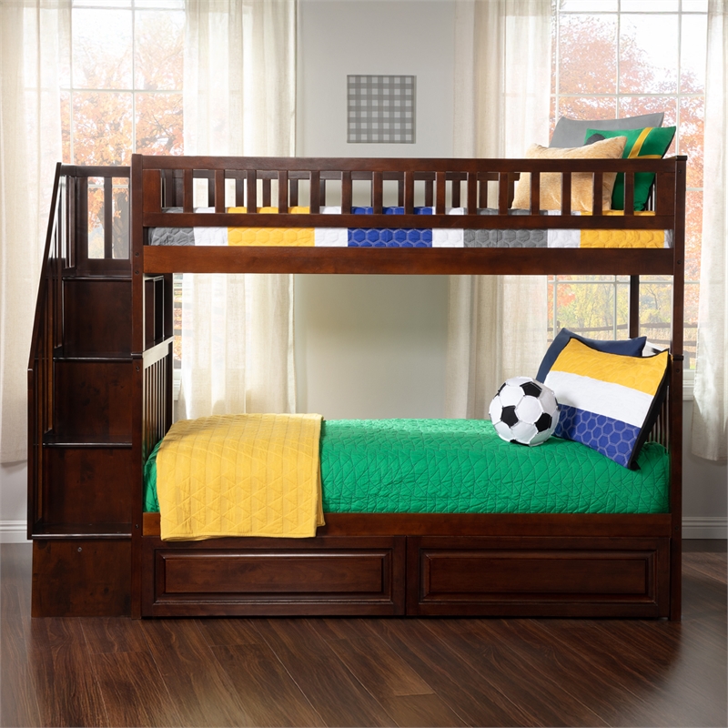 AFI Woodland Twin Over Twin Staircase Storage Wood Bunk Bed in Walnut