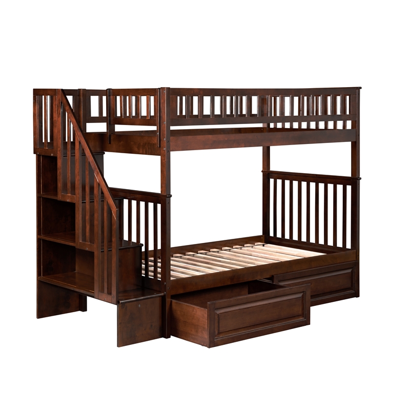 AFI Woodland Twin Over Twin Staircase Storage Wood Bunk Bed in Walnut