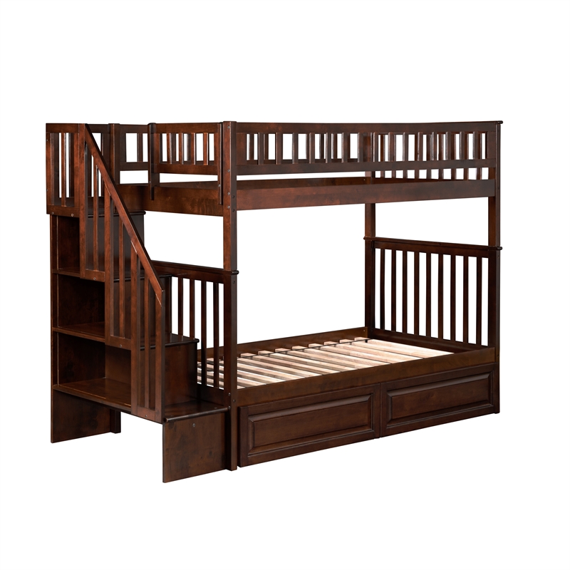 AFI Woodland Twin Over Twin Staircase Storage Wood Bunk Bed in Walnut