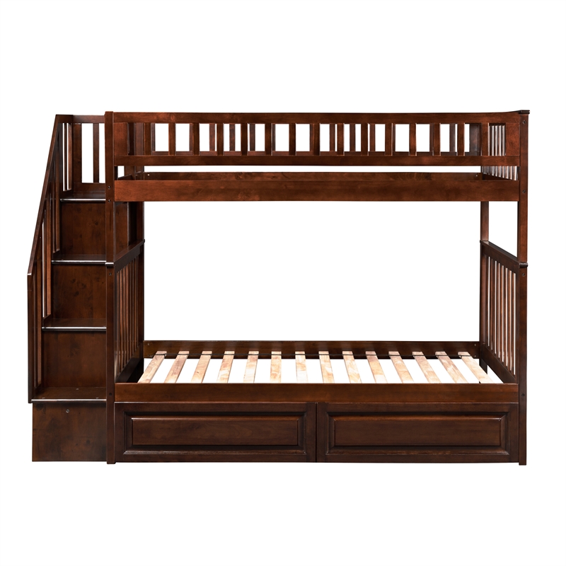 AFI Woodland Twin Over Twin Staircase Storage Wood Bunk Bed in Walnut