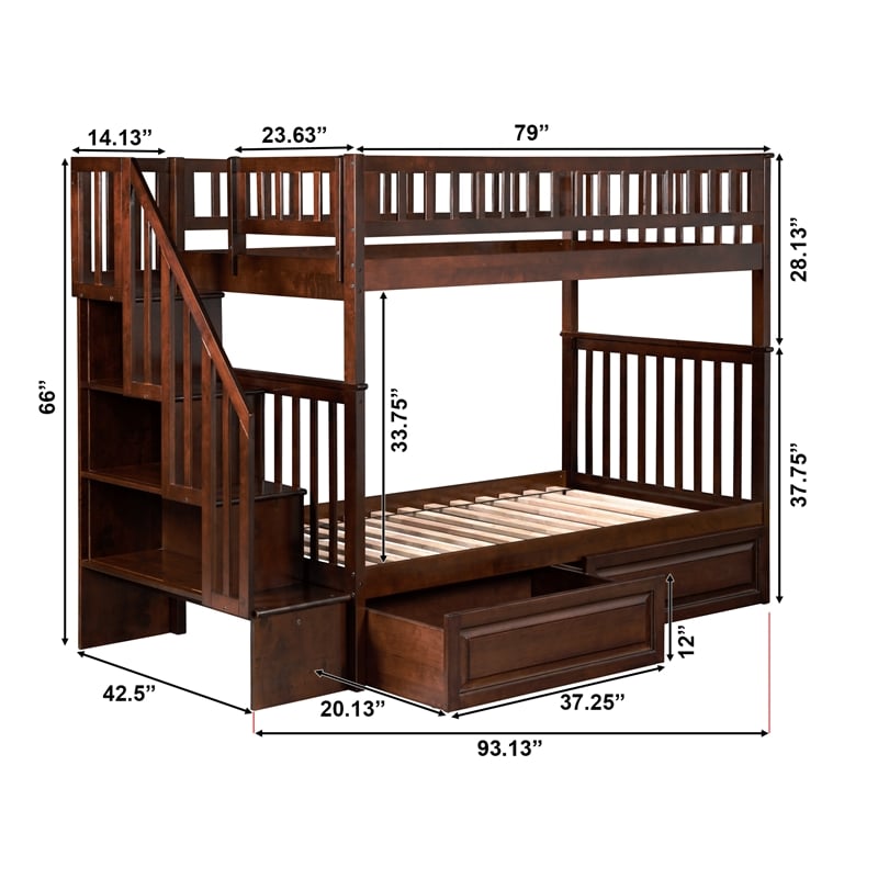 AFI Woodland Twin Over Twin Staircase Storage Wood Bunk Bed in Walnut