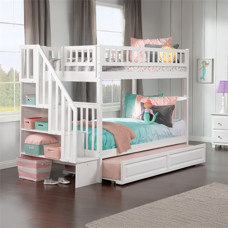 AFI Woodland Twin Over Twin Staircase Trundle Wood Bunk Bed in White