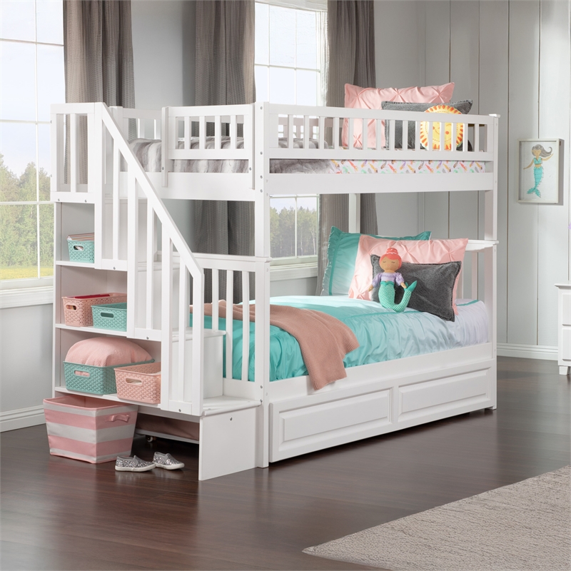 AFI Woodland Twin Over Twin Staircase Trundle Wood Bunk Bed in White