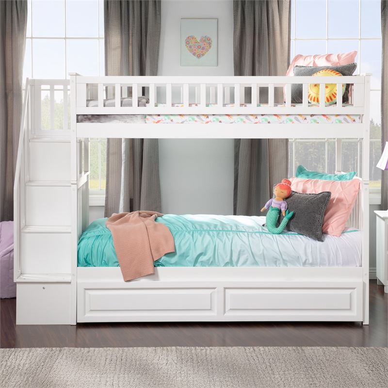 AFI Woodland Twin Over Twin Staircase Trundle Wood Bunk Bed in White