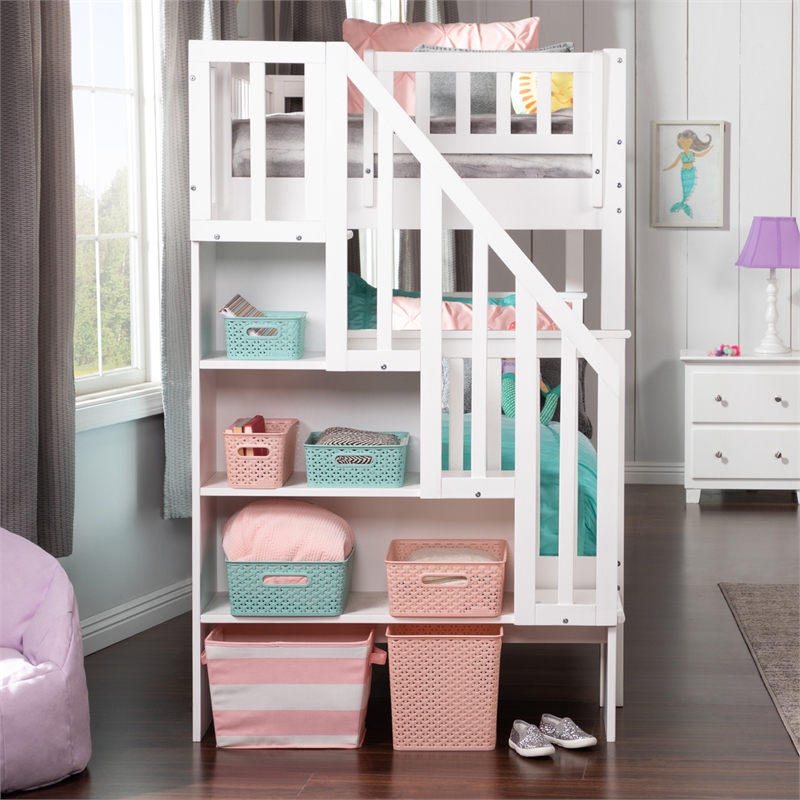 AFI Woodland Twin Over Twin Staircase Trundle Wood Bunk Bed in White