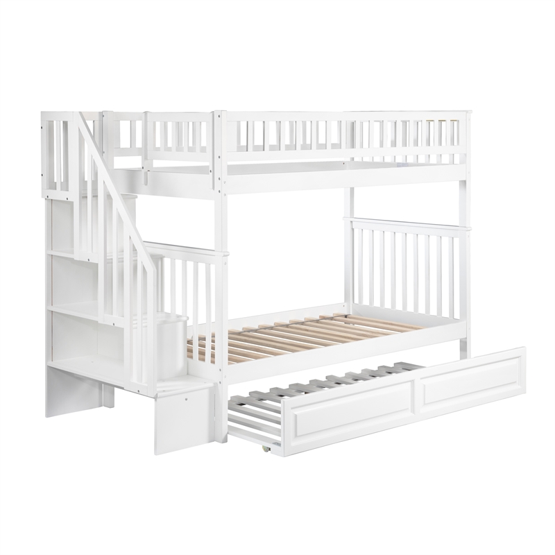 AFI Woodland Twin Over Twin Staircase Trundle Wood Bunk Bed in White