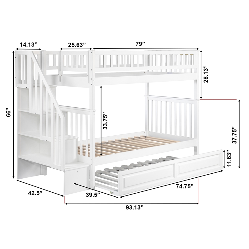 AFI Woodland Twin Over Twin Staircase Trundle Wood Bunk Bed in White