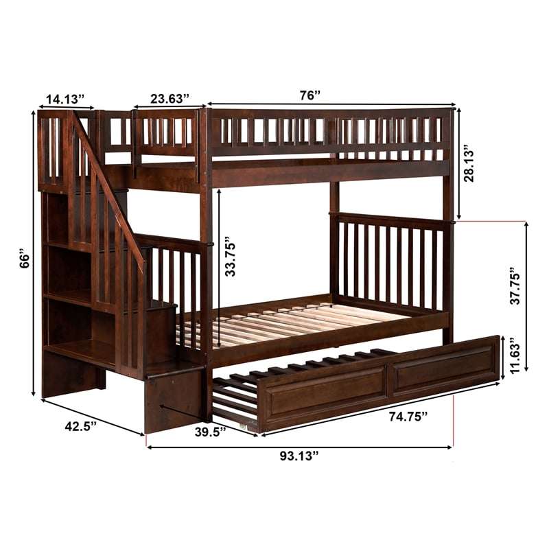 AFI Woodland Twin Over Twin Staircase Trundle Wood Bunk Bed in Walnut