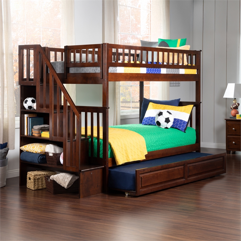 AFI Woodland Twin Over Twin Staircase Trundle Wood Bunk Bed in Walnut